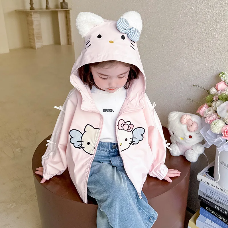 

2025 Sanrio Kawaii Hello Kitty Autumn Winter Girls' Sweet Cherry Cute Anime Plaid Thin Hooded Jacket Girl's Birthday Gifts Toys