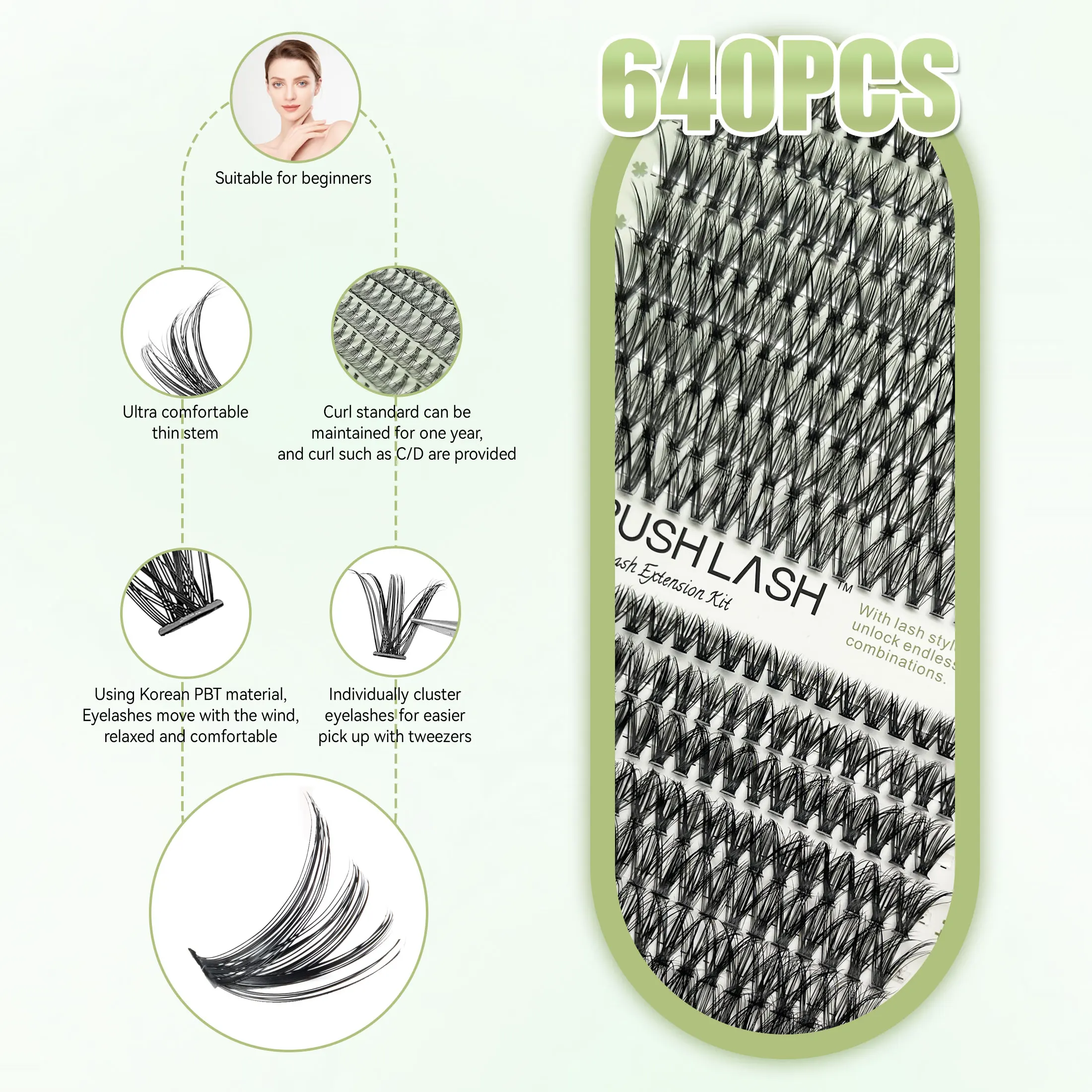 다양한 메이크업 룩을 위한 속눈썹 도구가 포함된 8-16mm 속눈썹 연장 4개로 초보자 친화적이고 방수 및 땀 방지 기능이 있습니다.