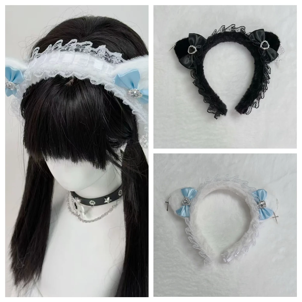 

Lolita Kawaii Maid Hairband Women Girls Landmine Hair Band Cat Ears Lace Bowknot Headband Cosplay Party Hair Accessories