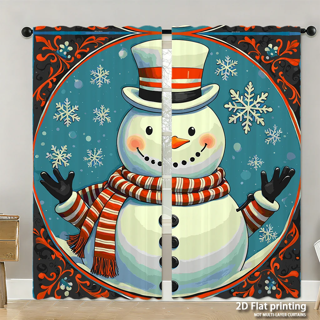 2-piece set of high-definition digital printed curtainssnowman winter redwhite blue decorative border christmas styleHome decora