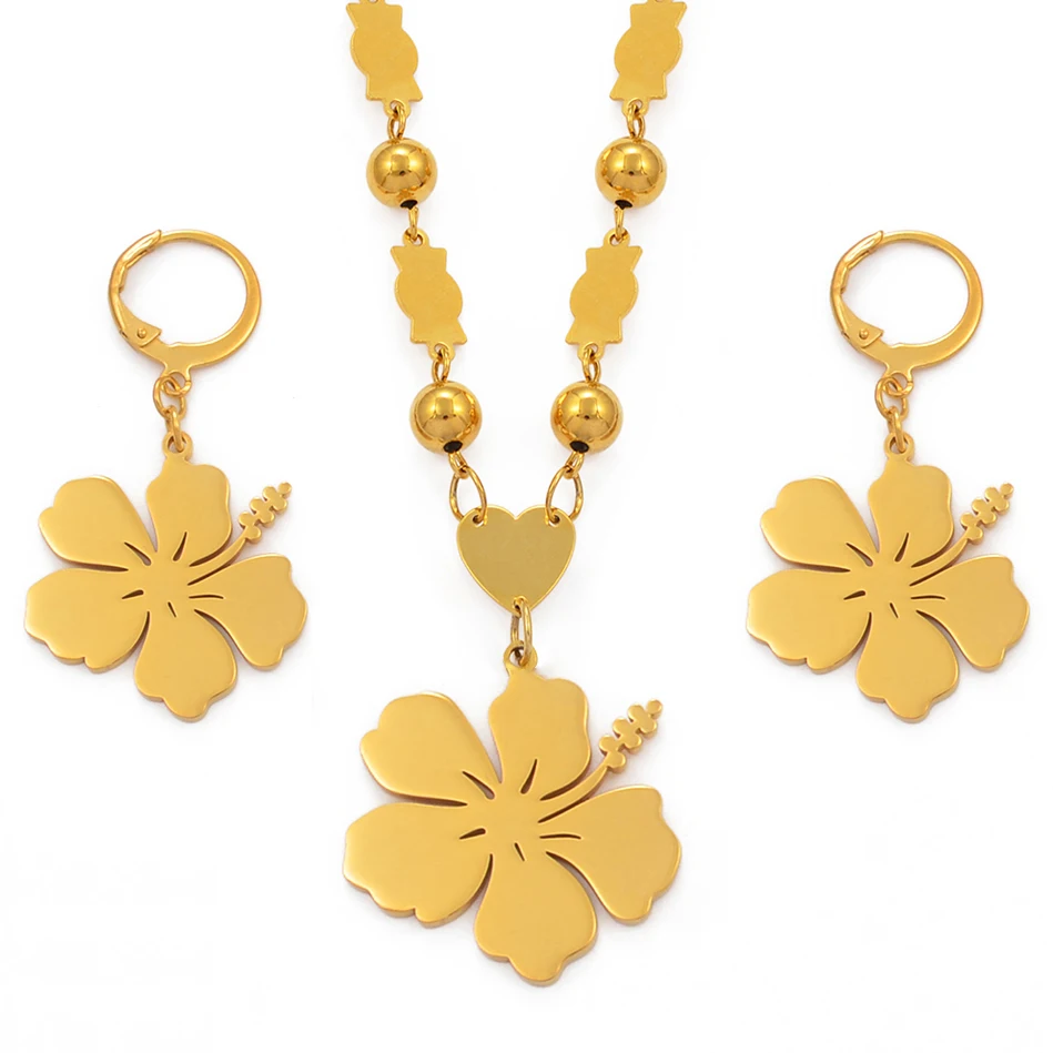 Anniyo Hawaii flor colgante cuentas collares pendientes conjuntos de joyería Color oro Micronesia Marshall Pohnpei Guam # 101921