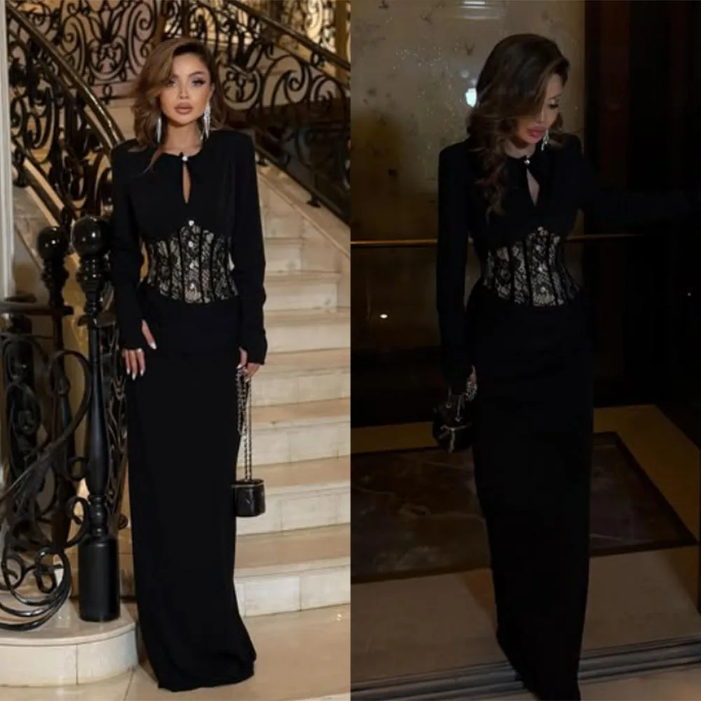 

Высокое качество по индивидуальному заказу с круглым вырезом, черные, длиной до пола, с длинными рукавами, с кружевом, трапециевидной формы, Vestidos De Mujer Elegantes Para Fiesta Evening