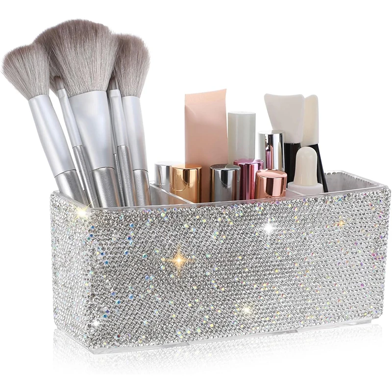 

3 grids Bling Diamond Makeup Brushes Storage Box Acrylic Pen Holder Eyebrow Pen Brush Lipstick Desktop Office Organizer Gift
