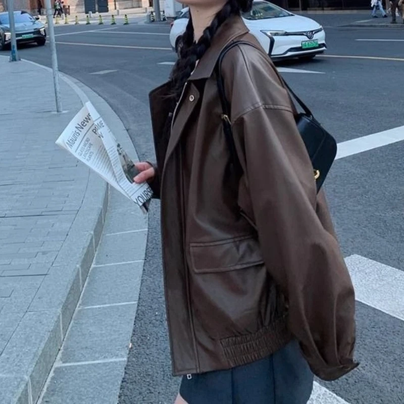 

2026 Spring and Autumn Hong Kong Style Retro Loose Short Style Small Large Size Pu Motorcycle Leather Jacket