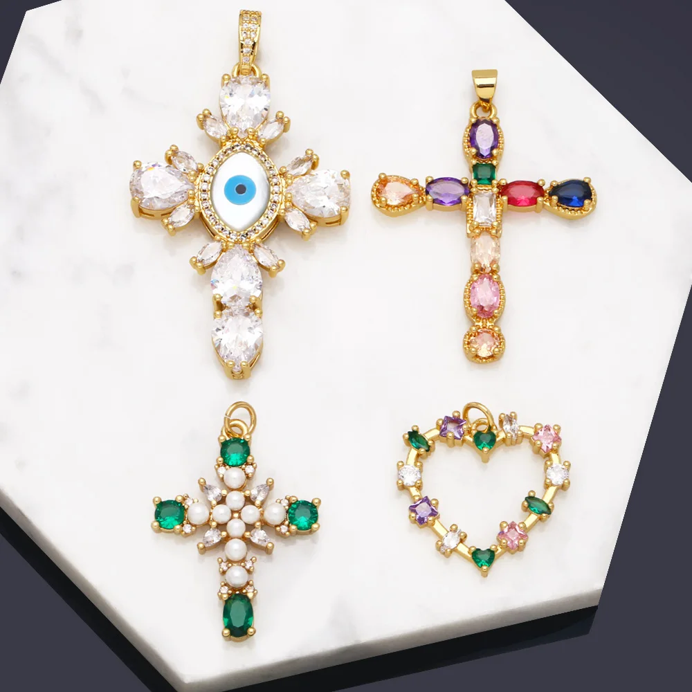 OCESRIO Big Resin Evil Eye Cross Necklace Pendant for Women Copper Gold Plated Heart CZ Crucifix Jewelry Making Supplies pdta872