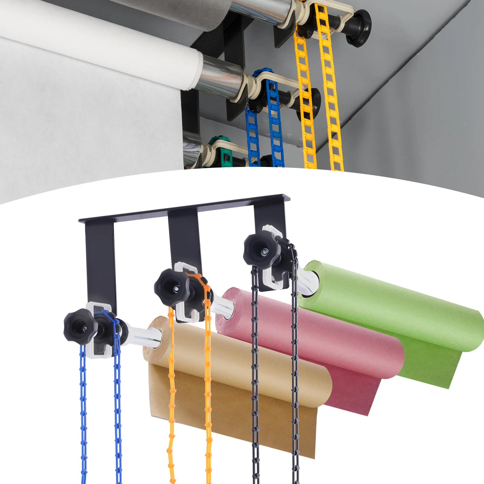 Photography 3 Roller Wall Mounting Manual Background Support System, IncludIng Six(6) Expand Bars, Three(3) Chains
