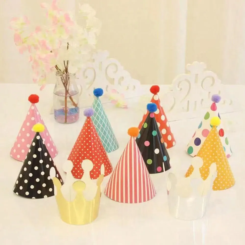 11Pcs Birthday Party Hat Cute Color Wool Ball Birthday Hats, Stylish Crown Protagonist Triangle Hat, For Party, Gifts, Holiday