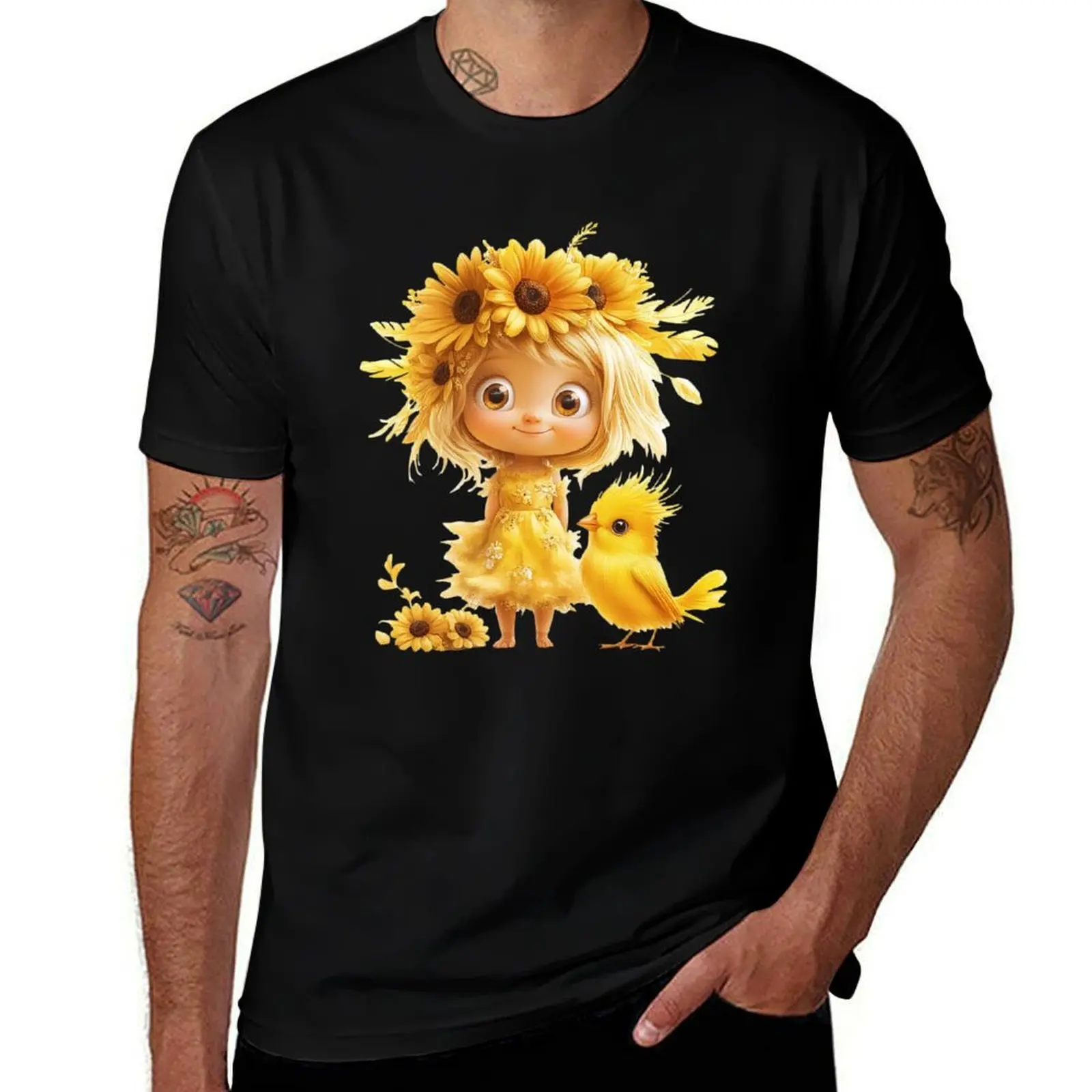 

Сhibi Little Girl in Yellow Dress with Sunflowers and Chick T-Shirt graphic t shirts luxury designer anime shirt men t shirt