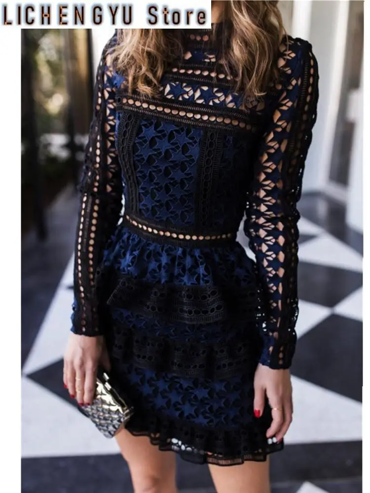 

2024 New High Quality Spring Runway Lace Hollow Out Dress Blue Long Sleeve Cupcake Dresses Vestidos