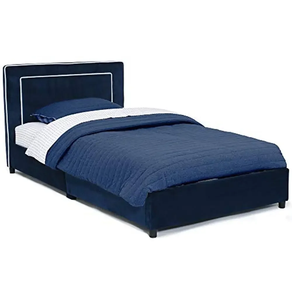 Blue Upholstered Twin Bed Kid-Friendly Low Height Sturdy Wood Frame Fits Standard Twin Mattress