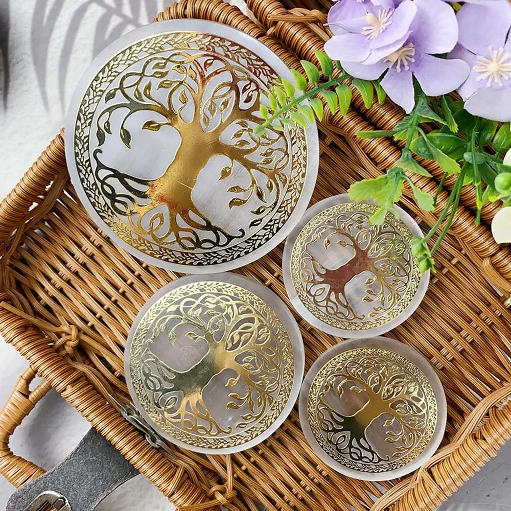 Natural Selenite Slice Slab Tree of LIfe Gold Pattern Healing Energy Charging Plate For Cleansing Fengshui Meditation 7 Chakra