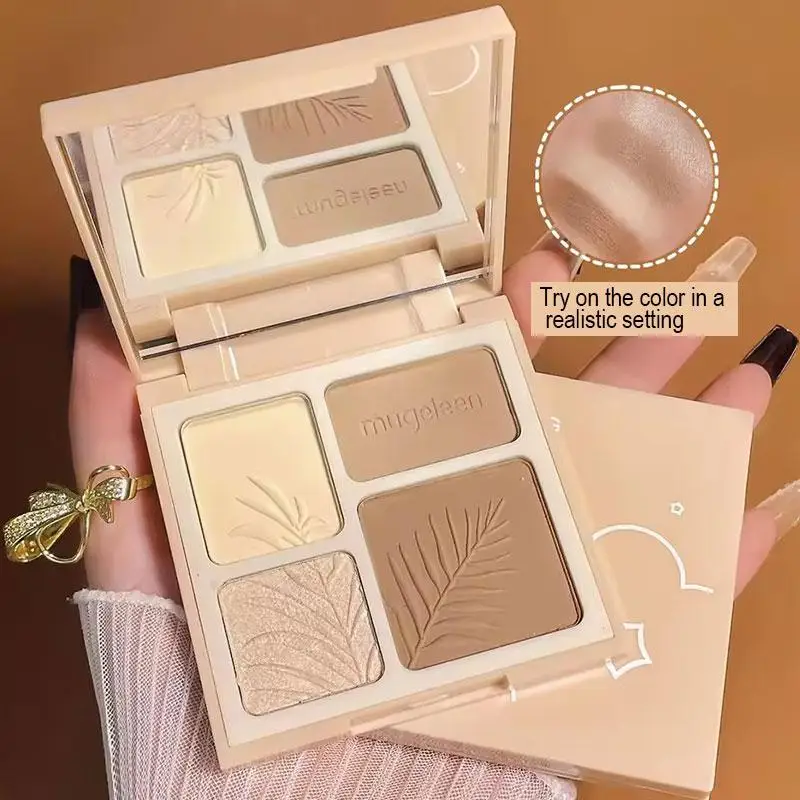 4 Colors Highlighter Contour Palette Matte Bronzer Shimmer Highlighting Powder 3D Face Makeup Cosmetics with Mirror