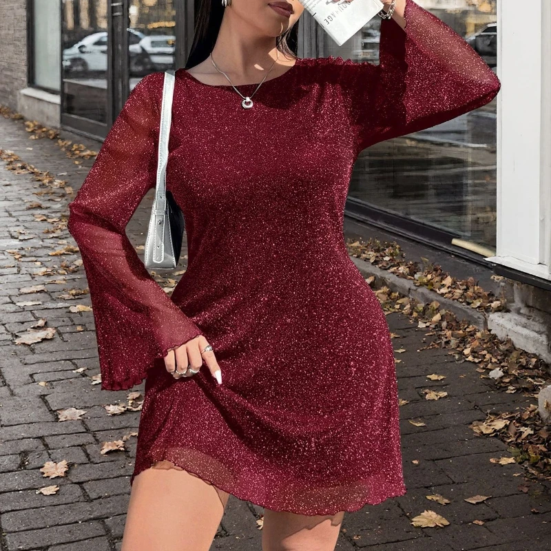 Elegant Women's Plus Size O Neck Sparkly Solid Flare Long Sleeve Mini Dress Holiday Evening Party Club Short Dresses Vestidos