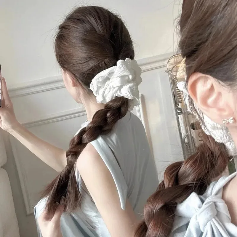 Korean Style Women's Scrunchies Super Large White Lace Hair Band Leather Tie Vintage French Head Rope Sweet Nice