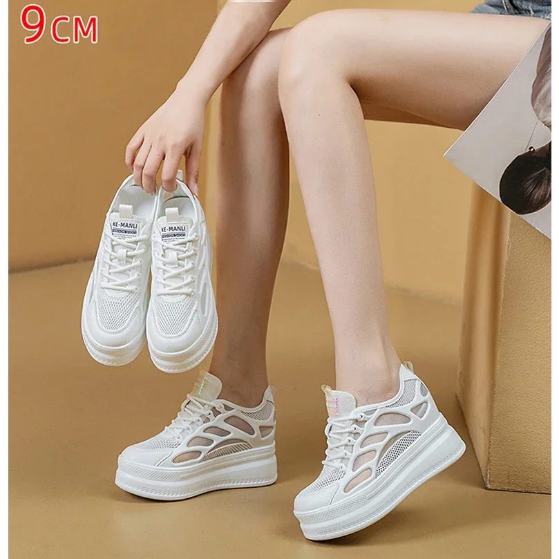 2025 Summer Shoes Women Sandals Flat Platform Mesh Shoes Height Increasing 9cm Brand Ladies Sandals White Shoes DX314