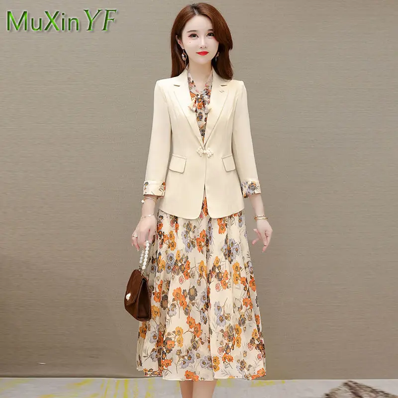 2024 Spring Summer New Casual Blazers Jacket Matching Set Women Elegant Floral Suit Coat Dress Two-piece Female Chic Clothing