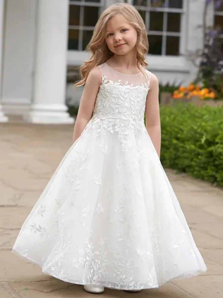 Vestidos de flores para niña, vestido de tul blanco con patrón floral sin mangas para boda, fiesta de cumpleaños, banquete, vestidos de princesa