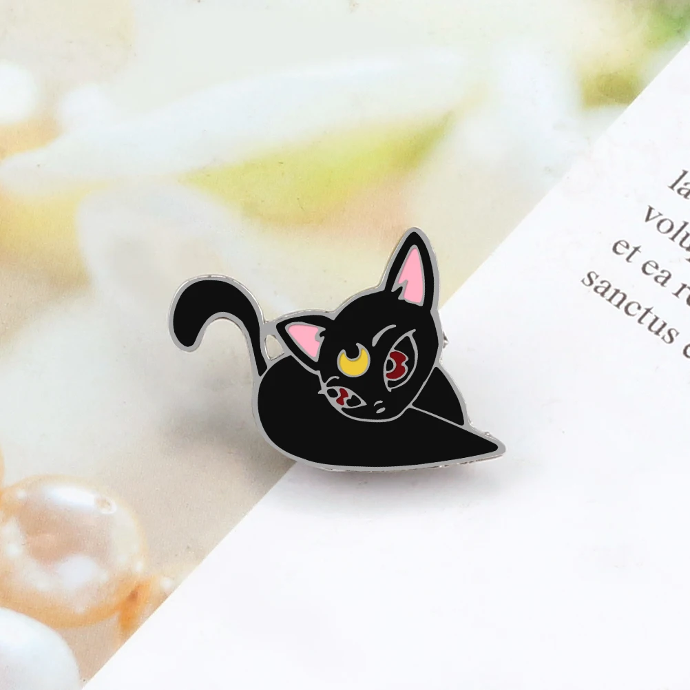 Red Eyed Witch Cat Enamel Brooches Mini Cartoon Black Cat Elf with Crescent Marks Shirt Lapel Pins Cute Animal Jacket Bag Badges