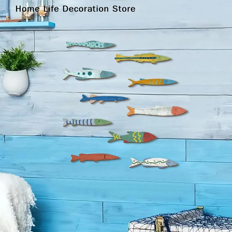 【H】Handcrafted Wooden Ocean Wall Decor Fish Set Coastal Style For Home Bathroom