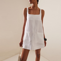 Summer Women's Linen Mini Dress 2025 New Chic Square Neck Sleeveless Loose Cotton Linen Straps Dresses With Pockets Vestidos