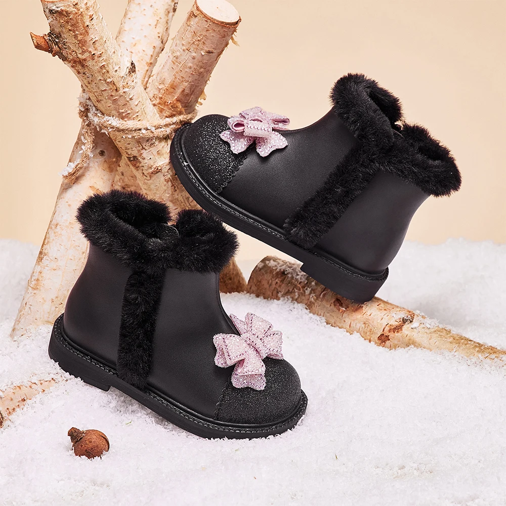Dave Bella Girls' Leather Shoes Winter Princess Bow Design Baby Elegant Soft Anti Slip Velvet Shoes Children's Boots DB4254791
