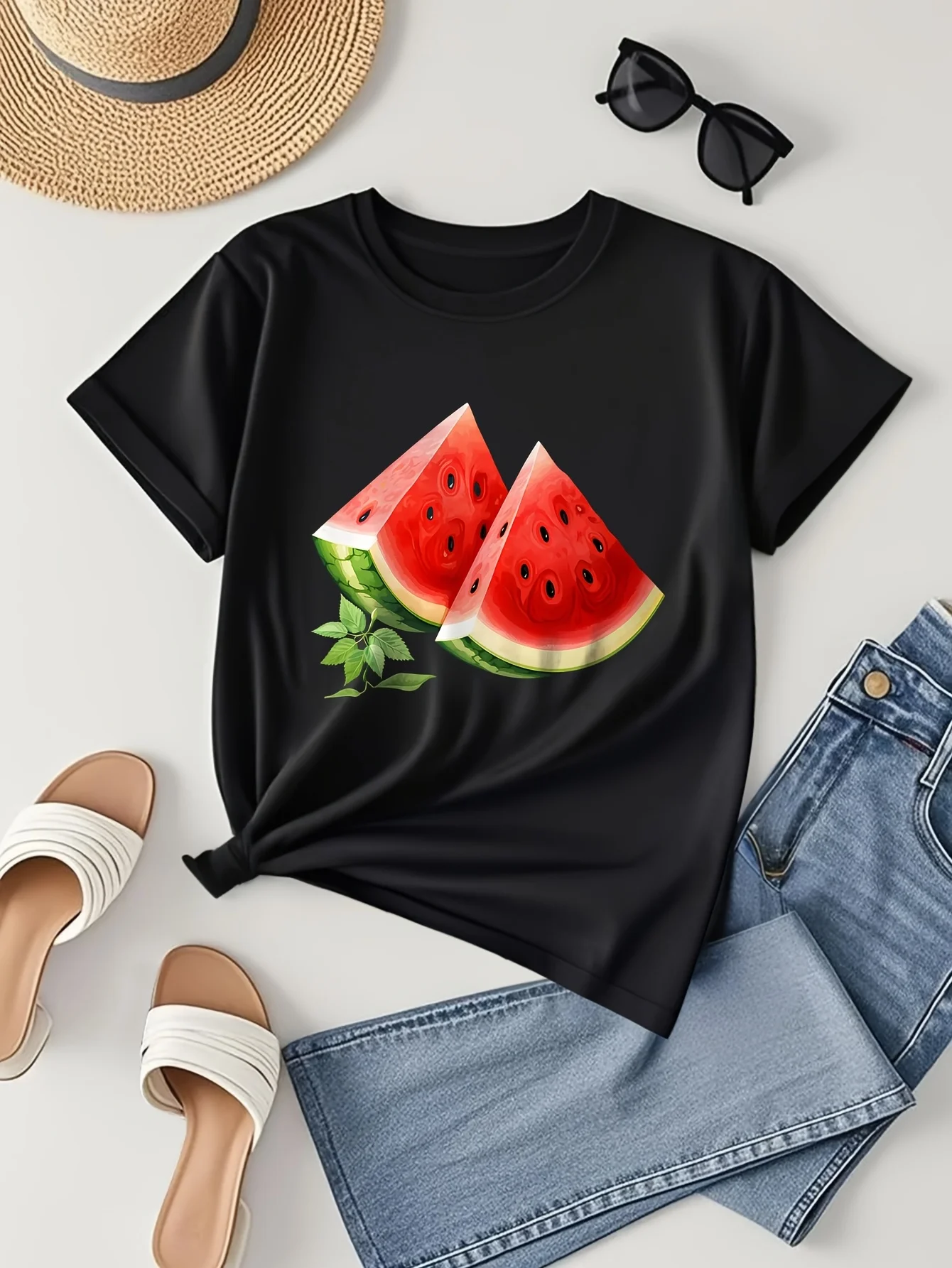 Camiseta sencilla de verano para mujecamiseta negra con diseño de rebanada de sandía con gráfico Retro cuello redondomanga corta