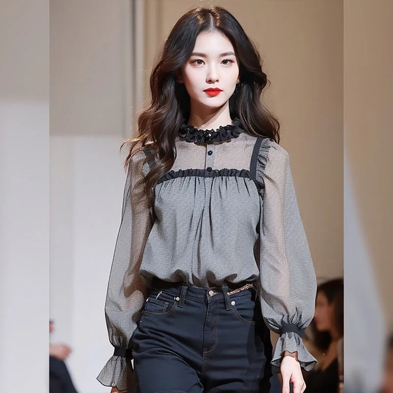 

Runway Autumn Ruffles Stand Collar Sweet Lantern Long Sleeve Loose Office Lady Patchwork Color Women's Pullover Shirt