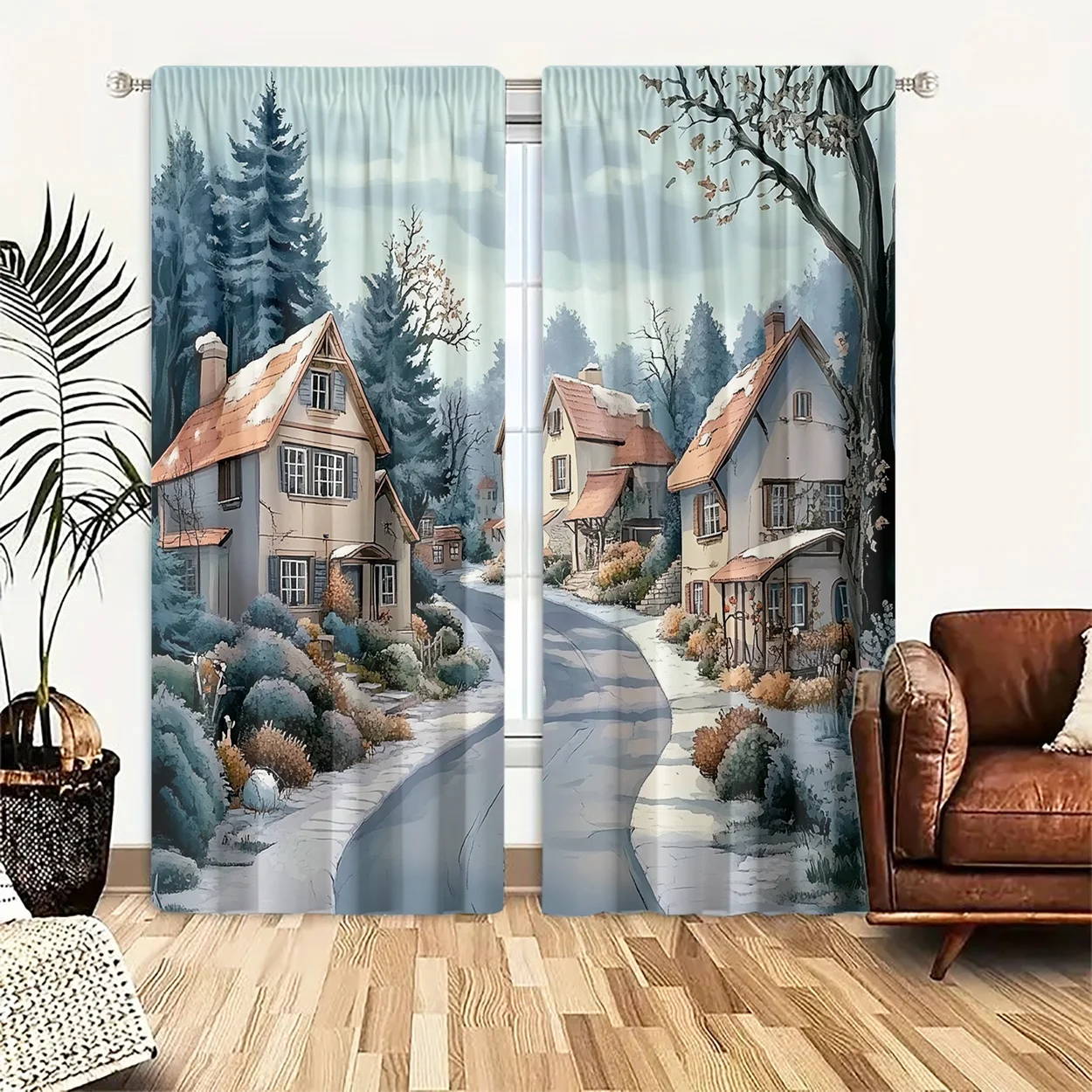 Cottage Village Curtains Set of 2 Polyester Peach Skin Velvet HD Print Rod Pocket Light Filtering for Bedroom Living Room