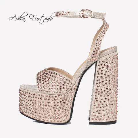 Arden Furtado 2025 Summer Fabric Round toe Waterproof platform Super high heel Crystal Dinner word-cingulate Sandals Large size