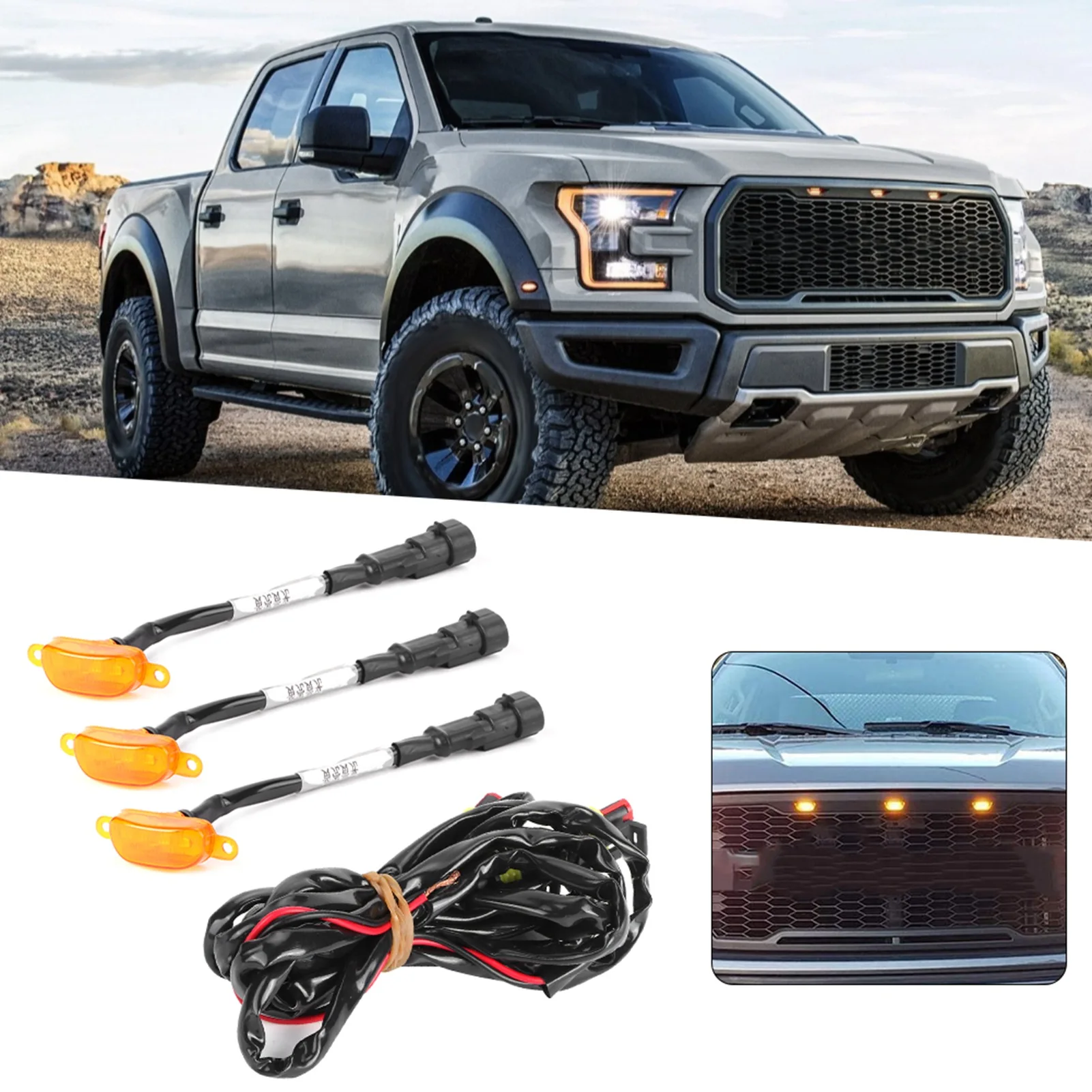 3pcs Car Front Bumper Grille Light Replacement with Harness High Brightness for Ford F-150 Raptor 2010‑2014 2017‑up LED Insert