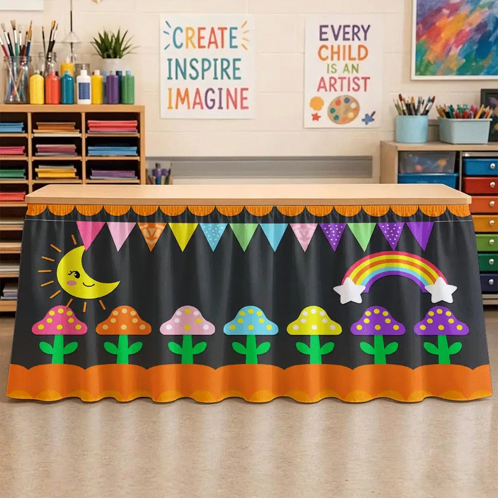 Table skirt, colorful mushroom rainbow print, curved design
