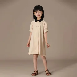 Designer Childen's Summer Clothes Kids Dresses for Toddler Teens Girls Turn-down Collar Sold Short Sleeve Casual Patchwork Dress