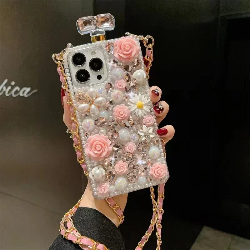 Perfume Flower Pearl Bottle Wrist Phone Case For Samsung Galaxy S24 S20 Plus S21 S22Plus 23Ultra Note20 10 Rhinestone Cover