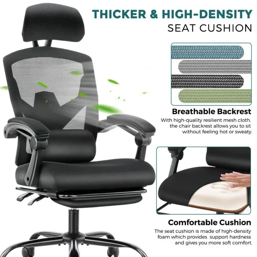 Ergonomic Office Chair, with Lumbar Pillow & Retractable Footrest, Mesh Office Chair with Armrests and Adjustable Headrest