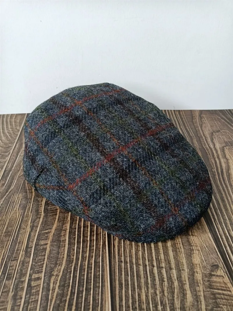 100% Pure Wool Tweed Newsboy Cap Grey Blue Plaid British Vintage Flat Duckbill Hat Big Head 56-61cm Retro Driving Cabbie Ivy Cap