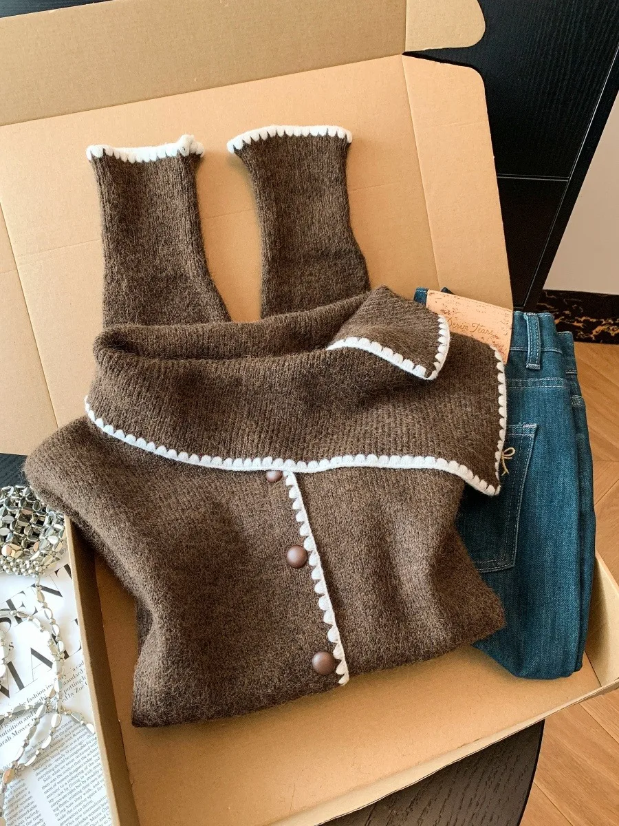 เสื้อไหมพรมถักพร้อมผ้าพันคอ ดีไซน์ใหม่สำหรับผู้หญิง ฤดูใบไม้ร่วง ฤดูหนาว สไตล์เกาหลี แฟชั่นลำลอง เสื้อคลุมคาร์ดิแกนแบบเปิด