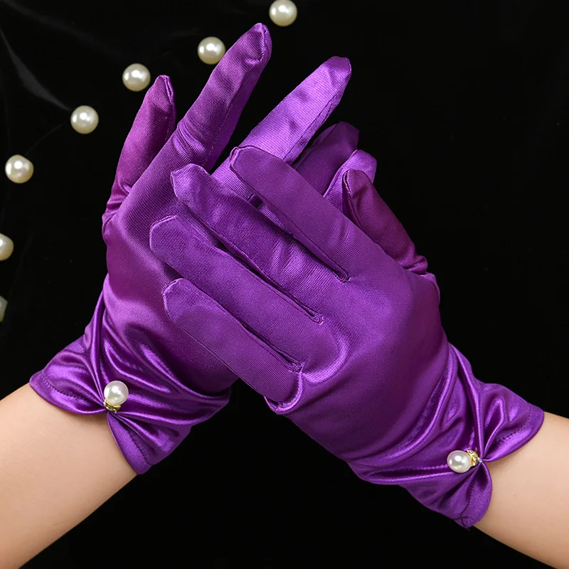 Weiße Satin-Hochzeitskleid-Handschuhe, kurz, elegant, Blütenblatt, Perlenschleife, Netzstoff, Brauthandschuhe, vielseitiges Foto-Accessoire, Perlen-Retro – Detail 11
