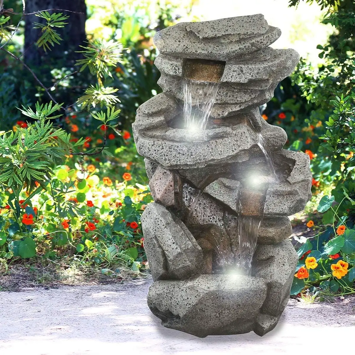 Alpine Corporation WIN1184 Outdoor Floor 5-Tiered Rock Waterfall Fountain with LED Lights with Natural Stone Look,40