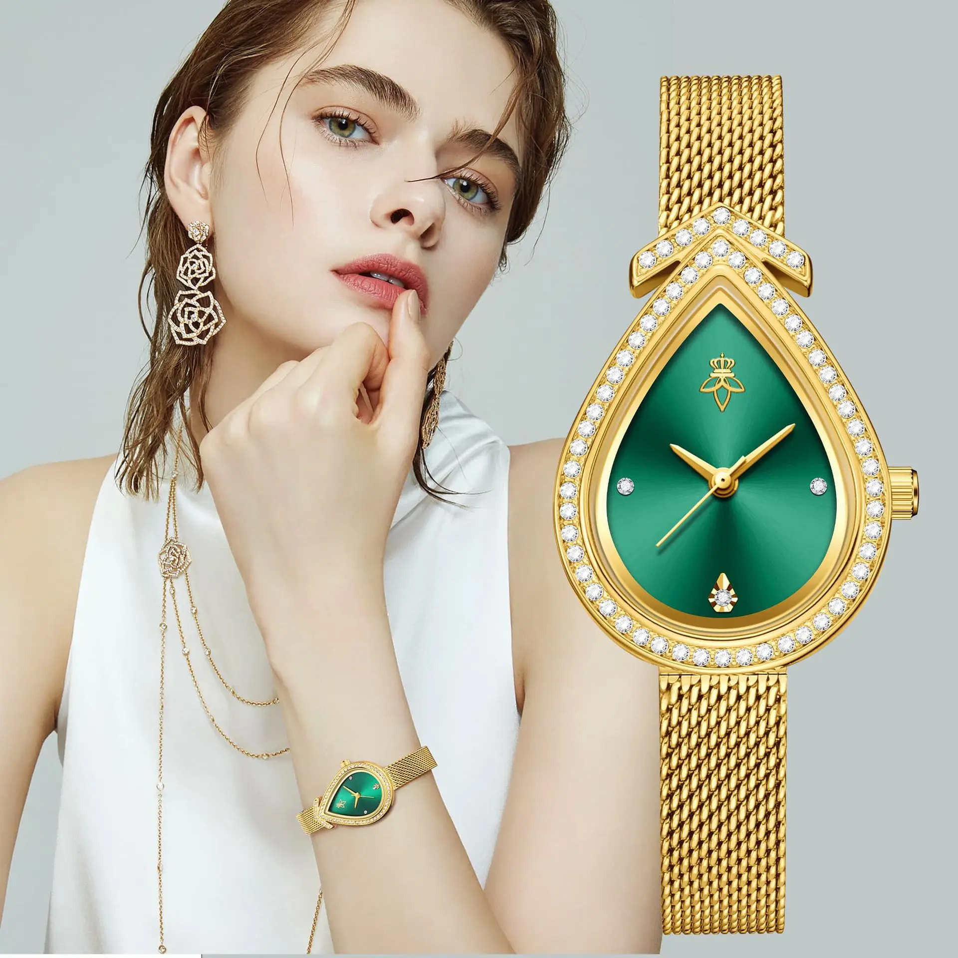 Waterdrop-shaped diamond-engraved women's watch with golden mesh strap and calendar quartz movement