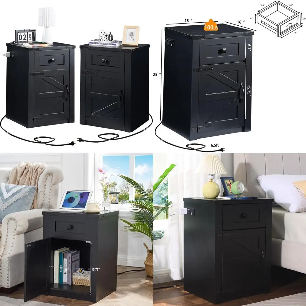 

Pair of Farmhouse-Style Nightstands with Charging Station, Barn Door Accents, and Drawers, Rustic Wood Sofa Side Tables