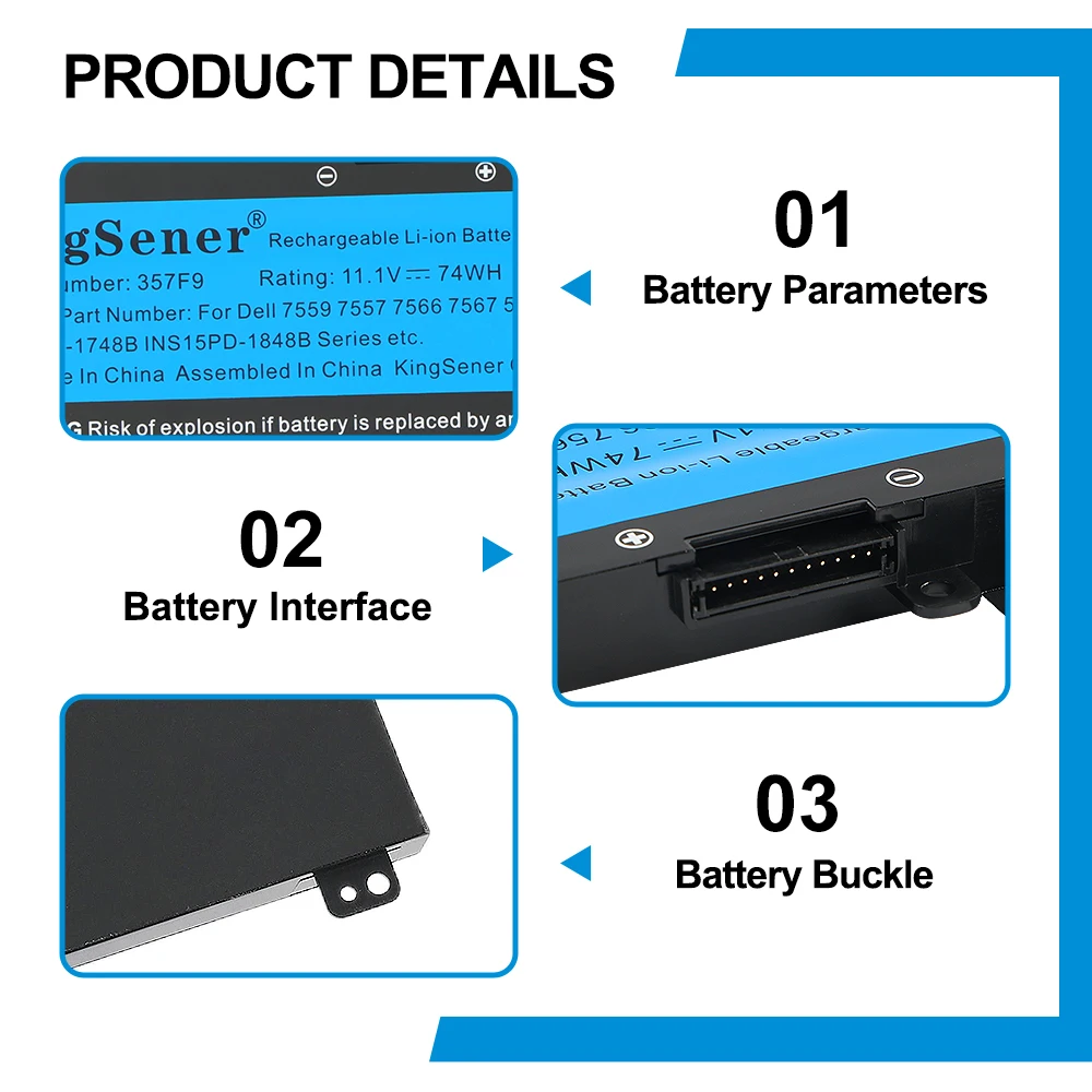 KingSener 11.4V 74Wh 357F9 Battery For DELL Inspiron 15 Gaming 5576 5577 7566 7567 7000 7557 7559 P65F P57F P65F001 P57F001