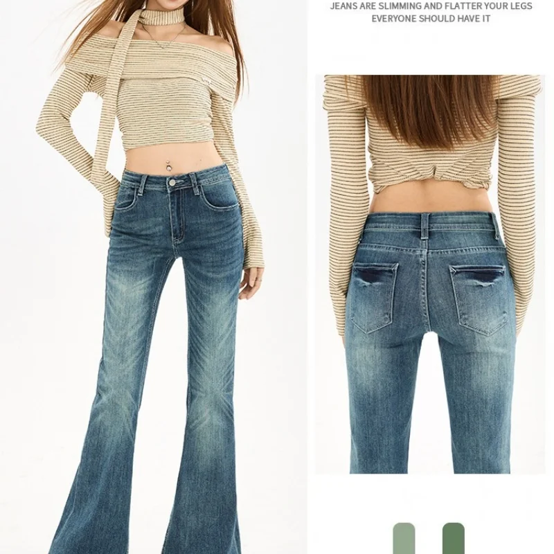 

Retro Mid-Rise Slightly Flared Jeans for Women Autumn/Winter Stretch Slim-Fit Flattering Skinny Jeans Trendy Denim Trousers