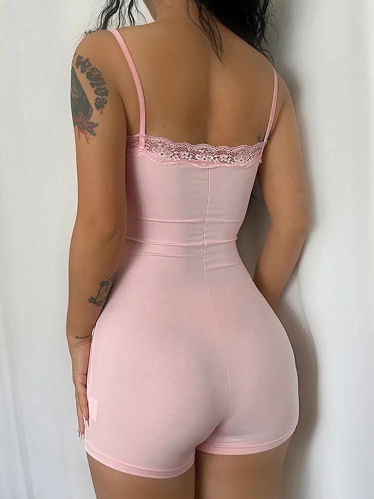 Pink Lace Trim Y2K Skinny Sweet Sexy Rompers Womens Playsuit Cute Summer Vacation Outfits