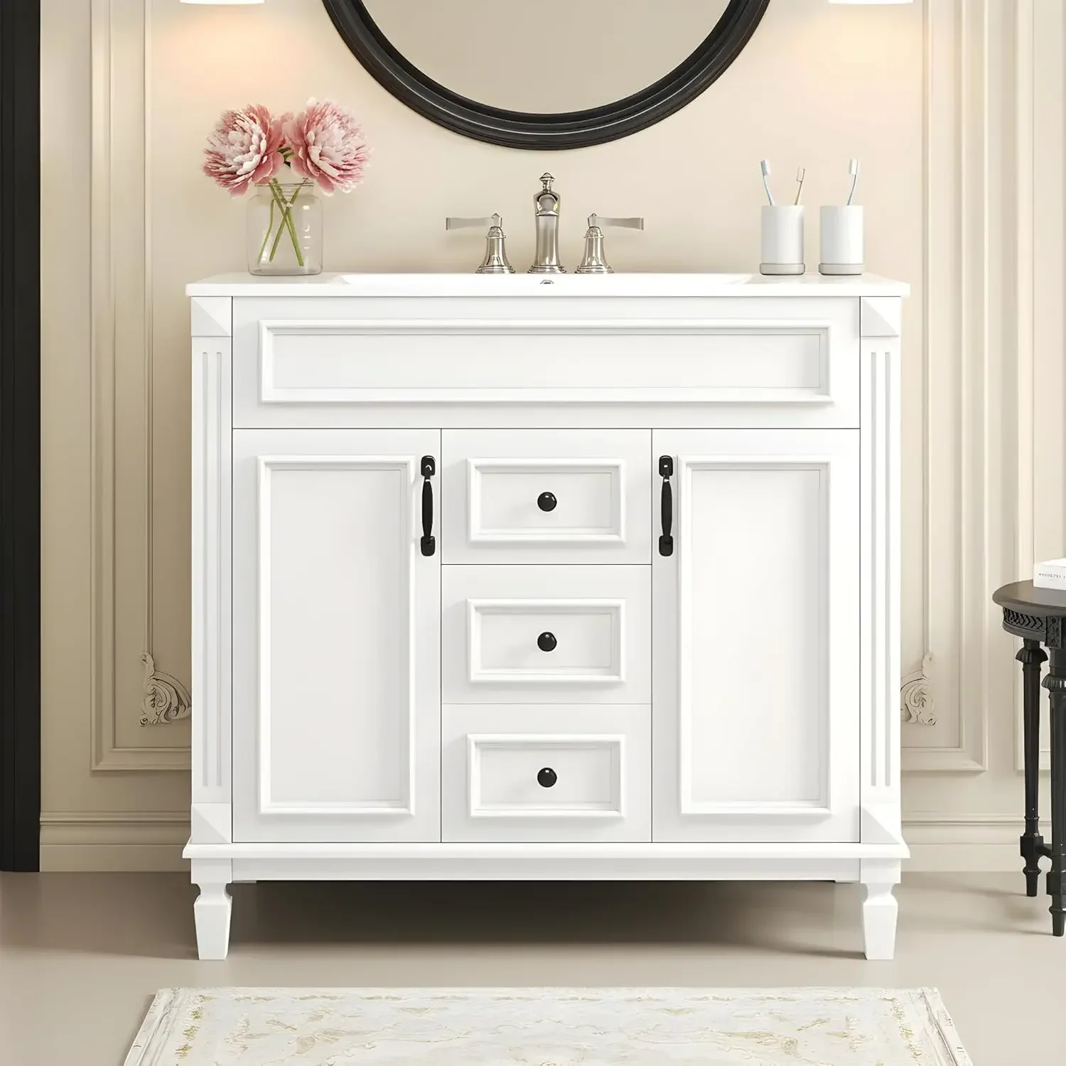 

36in Bathroom Vanity Cabinet Freestanding Single Sink Countertop Integrated 2 Doors 2 Drawers White Customized