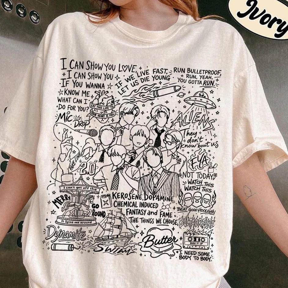 Kpop Concert Shirt, Hand Drawn Music Collage Tee, Pop Tour Graphic Shirt, Concert Outfit, Music Fan Gift