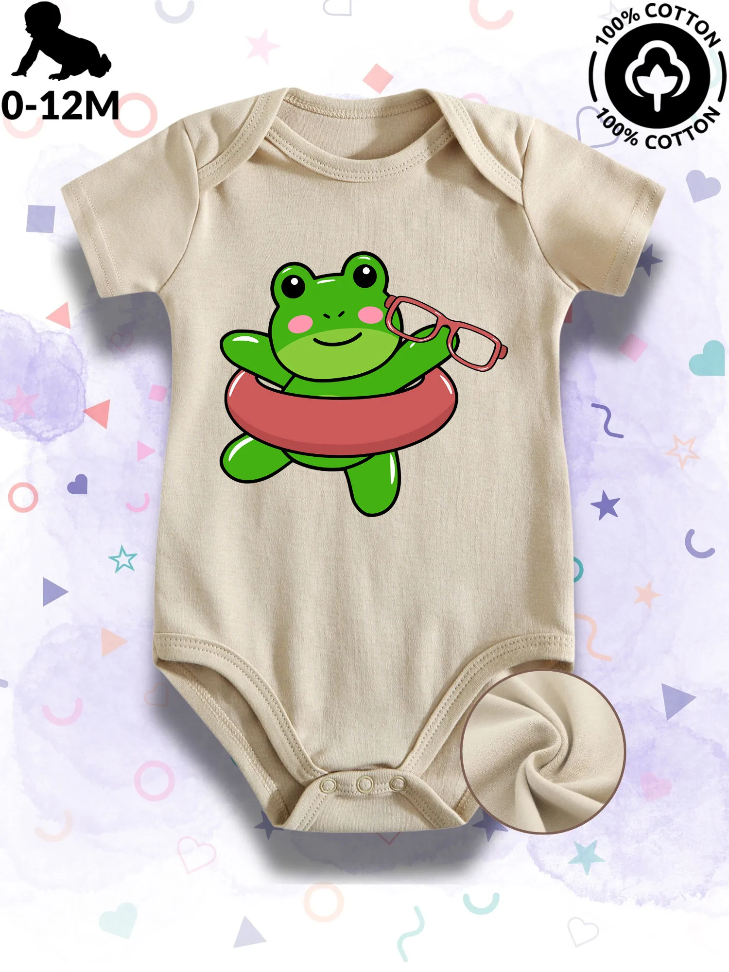 Frog In Swim Ring Unisex Baby Bodysuit, 100% Cotton Soft Onesie, All-Season Wear Beige Crawling Suit 190GSM