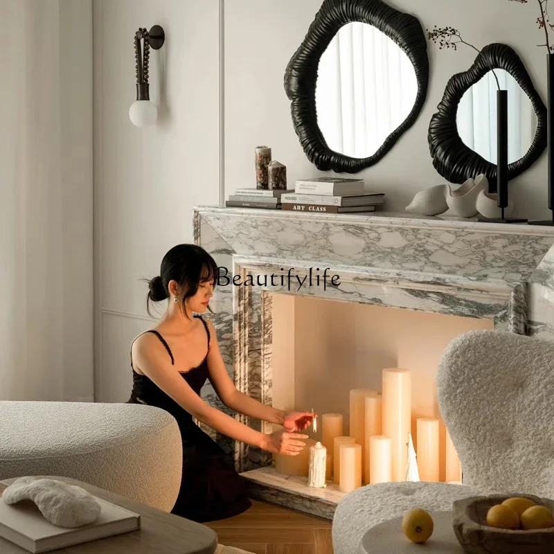 

yj32 Natural marble fireplace American simple living room background decorative cabinet large white stone fireplace