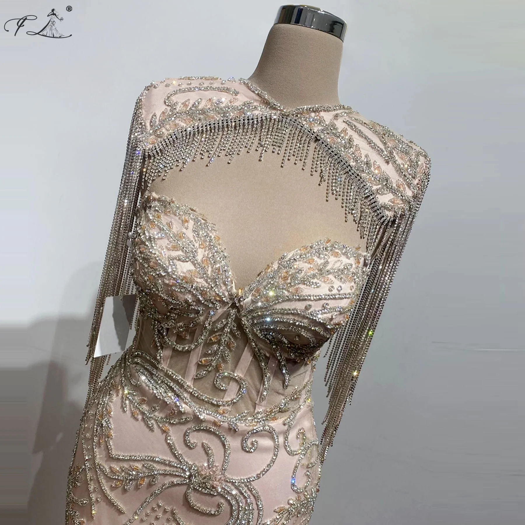 Elegant Crystal Tassel Shawl Evening Gown Beaded Leaf Embroidery Pink Mermaid Dress Special Occasion Fitted Dress Customizable
