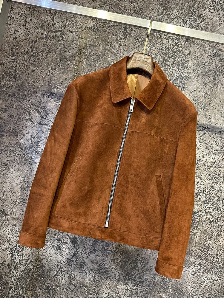 Italian Designer Mens Zipper Luxury Real Cow Suede Leather Jacket Business Casual Work Coat Slim Fit Soft Genuine Leather Jacket