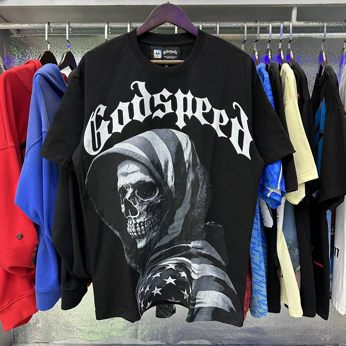 

Godspeed Skeleton Print High Quality Double Yarn Cotton Casual Short Sleeve T-shirt for Men and Women Oversized Black Tee